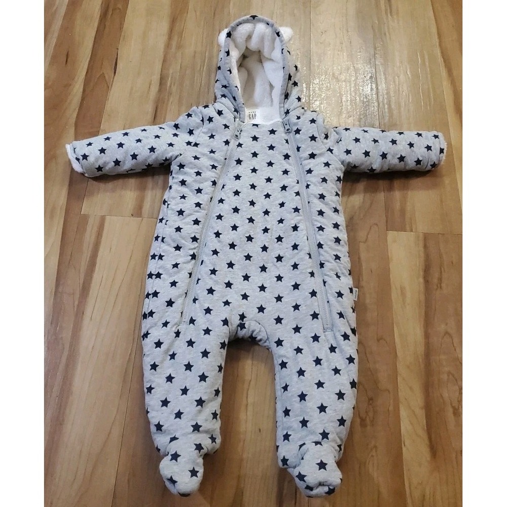 Baby Gap Cozy Sherpa Lined Hooded Footed Zip One Piece Coverall 6-12M Stars